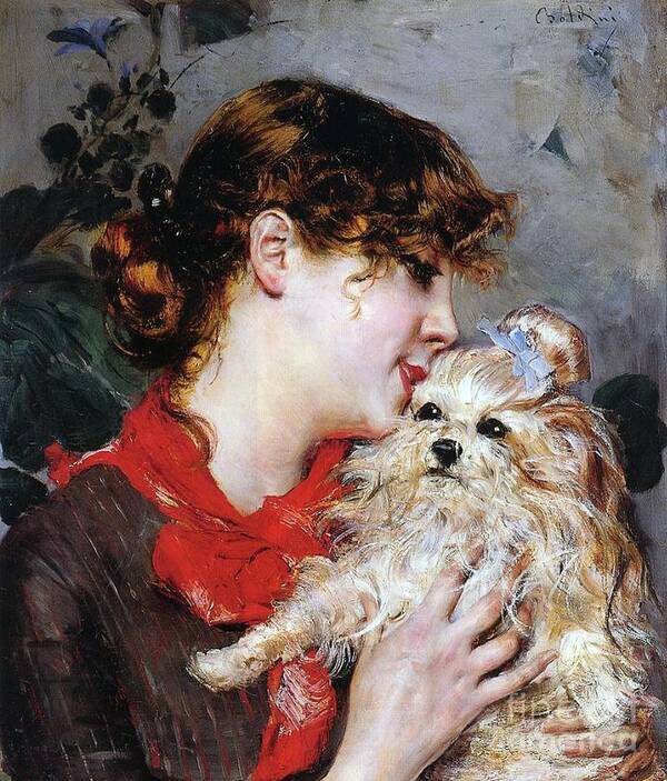 Boldini Poster featuring the painting The actress Rejane and her dog by Giovanni Boldini