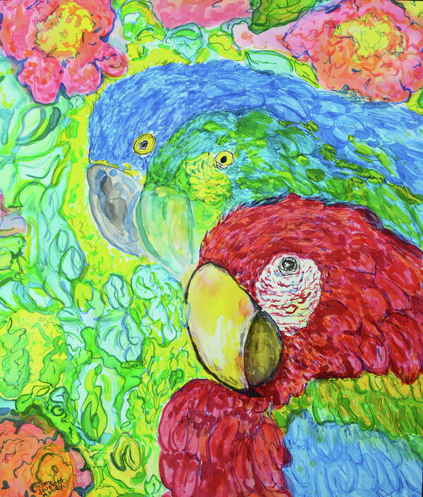 Silk Painting Birds Macaws Poster featuring the painting Three Amigos by Susan Moody