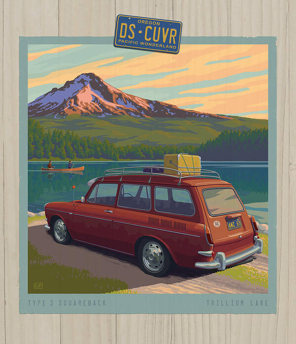 Mount Poster featuring the digital art Vintage Squareback at Trillium Lake by Mitch Frey