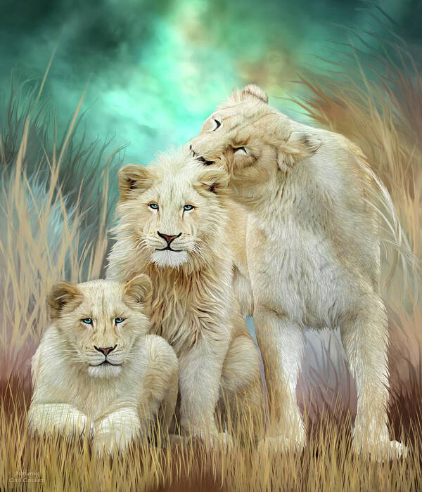 Carol Cavalaris Poster featuring the mixed media White Lion Family - Mothering by Carol Cavalaris
