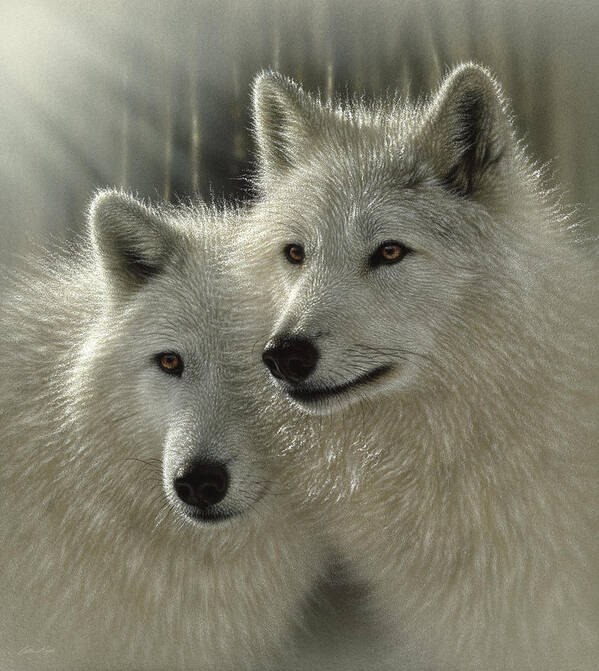Wolf Art Poster featuring the painting White Wolves - Sunlit Soulmates by Collin Bogle