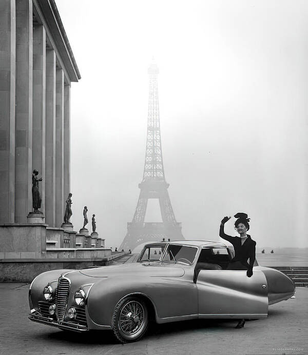 Vintage Poster featuring the photograph 1930s Delahaye Show Car With Fashion Model On Paris Street by Retrographs