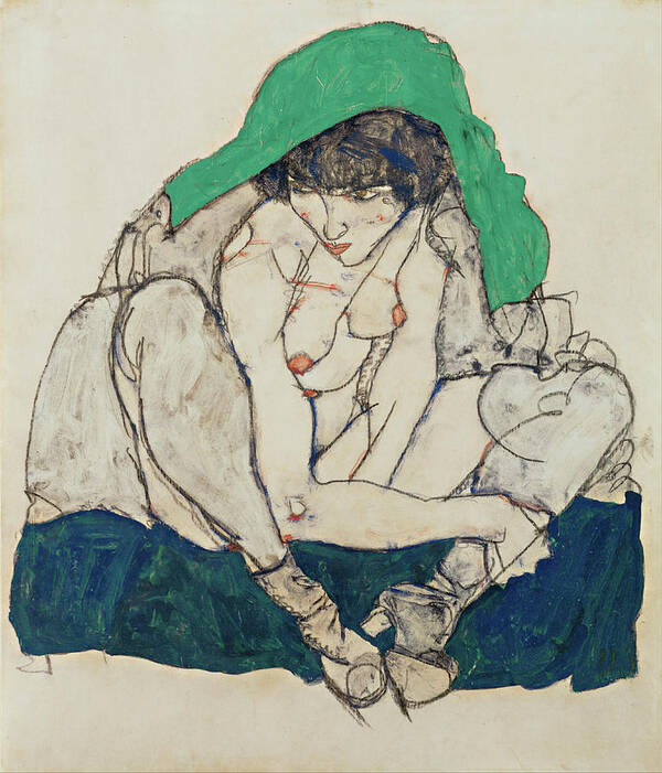 Austria Poster featuring the painting Crouching Woman with Green Headscarf #3 by Egon Schiele
