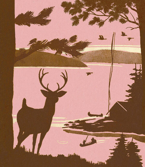 Activity Poster featuring the drawing Deer Silhouette Near Lake by CSA Images
