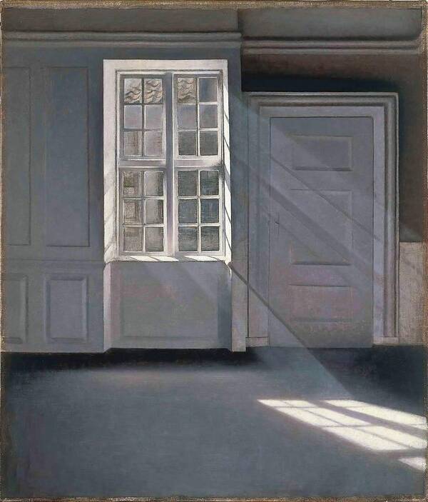 Vilhelm Hammershoi Poster featuring the painting Dust Motes Dancing in the Sunbeams, 1900. Oil on canvas 70 x 59 cm -27.56 x 23.23 in-. by Vilhelm Hammershoi