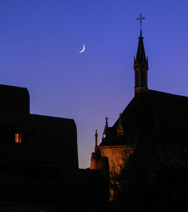 Santa Fe Poster featuring the photograph Moon Over Loretto Chapel by Candy Brenton
