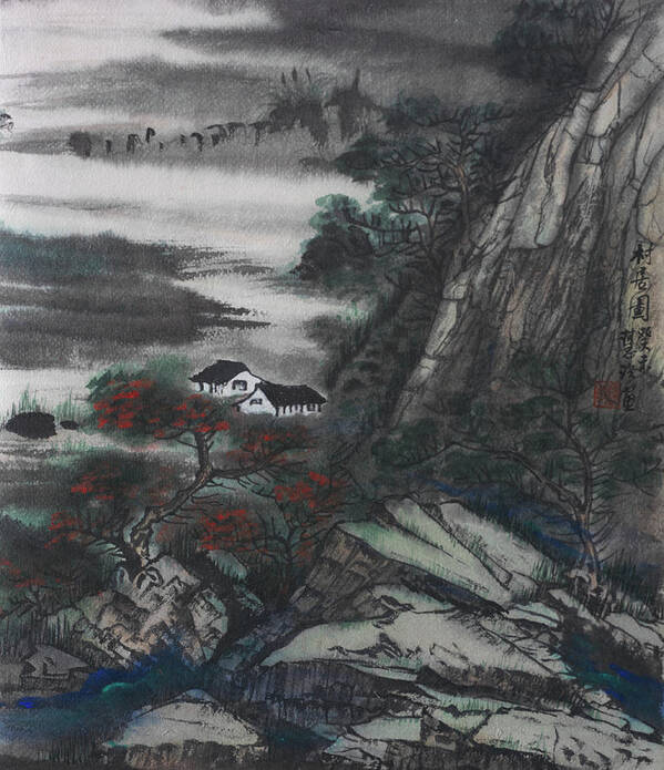 Chinese Watercolor Poster featuring the painting Houses by the River by Jenny Sanders