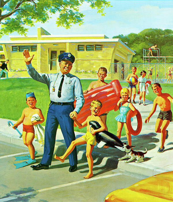 Across Poster featuring the drawing Policeman Escorting Children Across Street by CSA Images