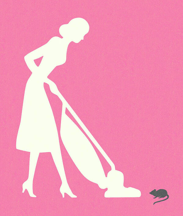 Adult Poster featuring the drawing Silhouette of Woman Vacuuming With Mouse by CSA Images