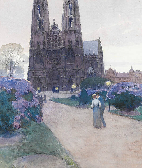 19th Century Art Poster featuring the drawing Stroll in the Gardens of the Votivkirche, Vienna by Carl Moll