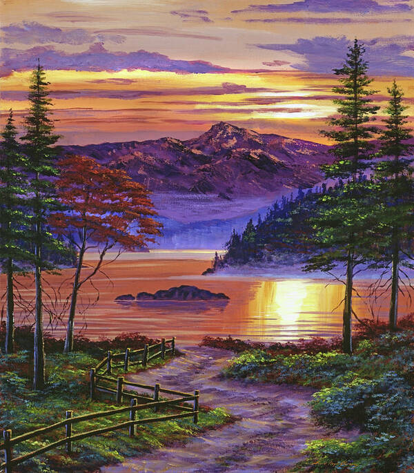 Landscape Poster featuring the painting Sunrise At Misty Lake by David Lloyd Glover