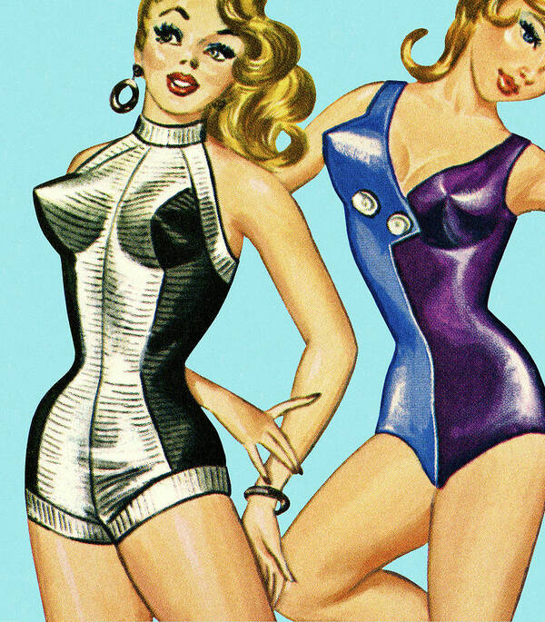 Adult Poster featuring the drawing Two Women Posing in Bathing Suits by CSA Images
