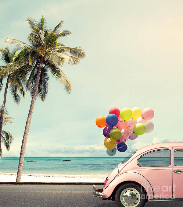 Birthday Poster featuring the photograph Vintage Card Of Car With Colorful by Jakkapan