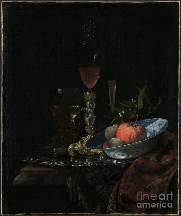 Oil Painting Poster featuring the drawing Wineglass And A Bowl Of Fruit by Heritage Images