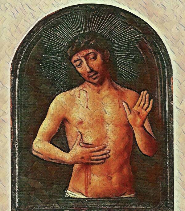 Mem Poster featuring the digital art 08-1 Man Of Sorrows After 1490 Christian Museum Esztergom Hungary by Memling