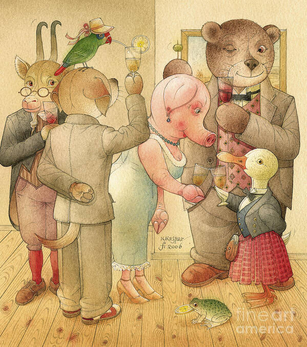 Dog Goat Pig Duck Bear Parrot Animals Detective Crime Investigation Party Dinner Picture Evening Drinks Frog Poster featuring the drawing The Missing Picture16 by Kestutis Kasparavicius