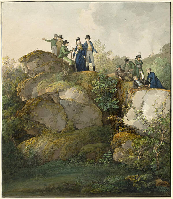 Johann Georg Von Dillis Poster featuring the drawing A Royal Party Admiring the Sunset atop the Hesselberg Mountain #3 by Johann Georg von Dillis