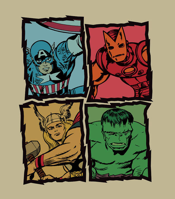 Avengers Poster featuring the digital art Avengers Silver Age Quad - Yellowed by Edward Draganski