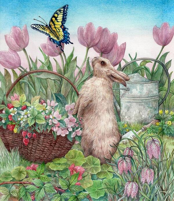 Illustrated Bunny Poster featuring the painting Bunny in Spring Garden by Judith Cheng