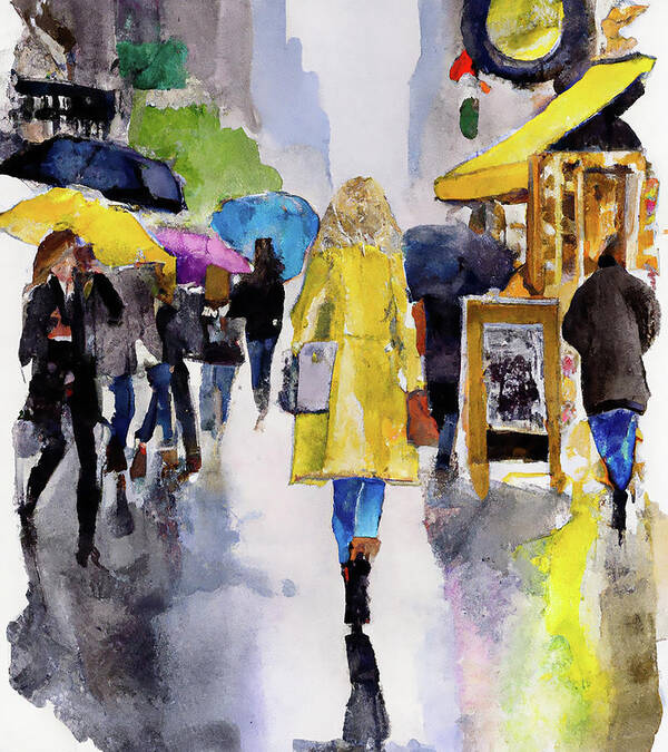 City Poster featuring the digital art City Woman with Yellow Raincoat by Alison Frank