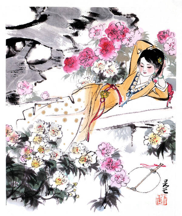 Liu Danzhai Poster featuring the painting Dream of the Red Chamber - Woman Laying In Garden by Liu Danzhai