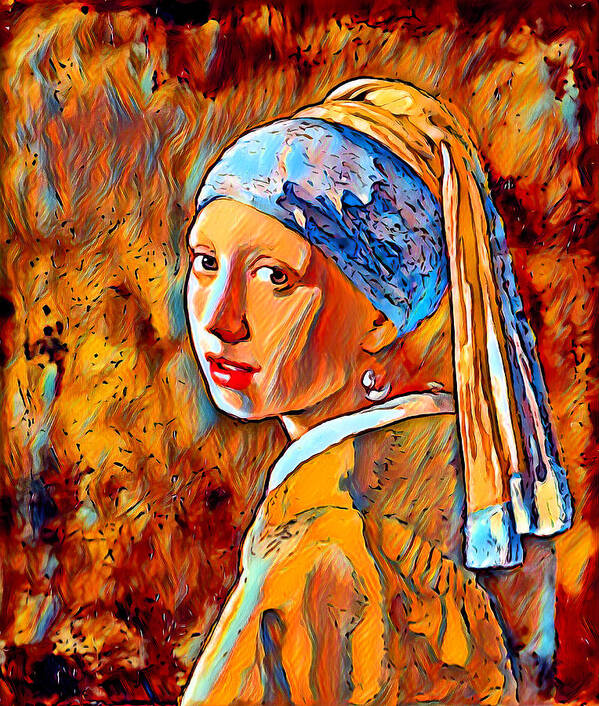 Girl With A Pearl Earring Poster featuring the digital art Girl with a Pearl Earring by Johannes Vermeer - colorful dark orange recreation by Nicko Prints