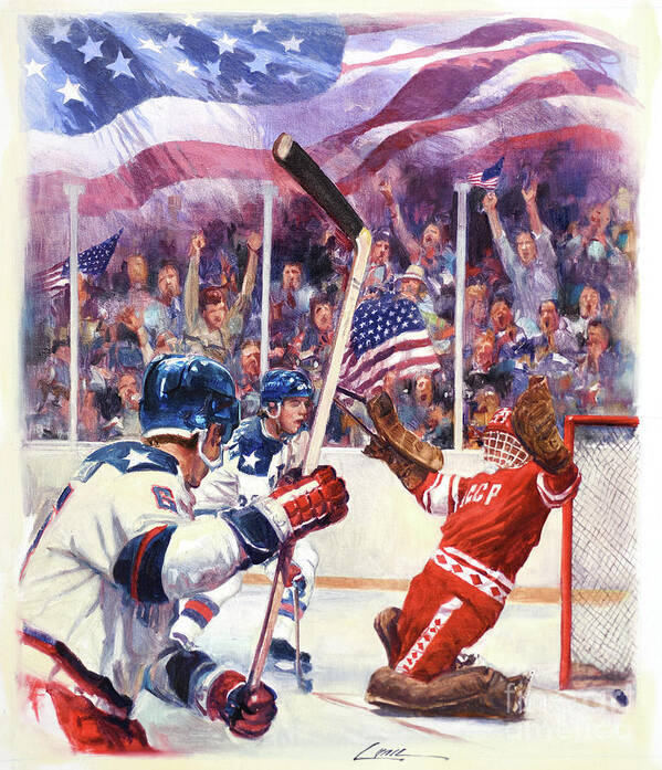 Dennis Lyall Poster featuring the painting Miracle On Ice - USA Olympic Hockey Wins Over USSR by Dennis Lyall