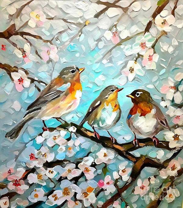 Background Poster featuring the painting Painting Spring In London Park Robins Red Breaste by N Akkash