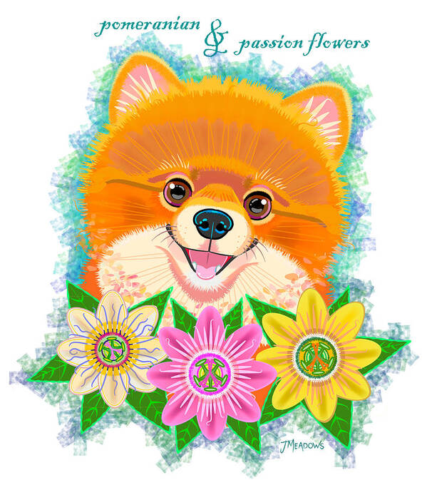 Pomeranian Poster featuring the mixed media Pomeranian and Passion Flower by J L Meadows