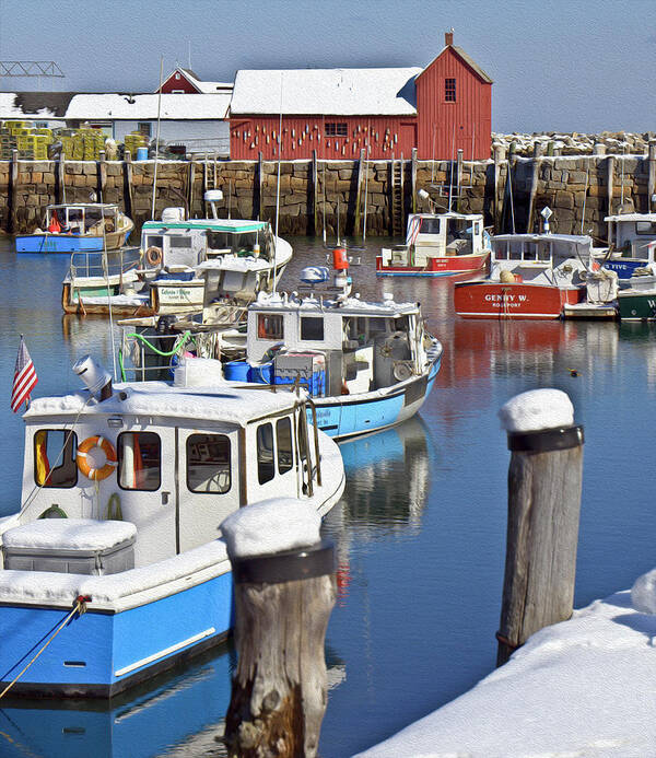 Rockport In Winter 2014 Poster featuring the photograph Rockport Harbor in Snow by Caroline Stella