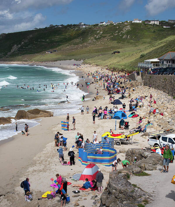 Sennen Cove Summer Beach Blue Sky Cornwall Uk Poster featuring the photograph The beach at Sennen Cove, Cornwall by Tony Mills