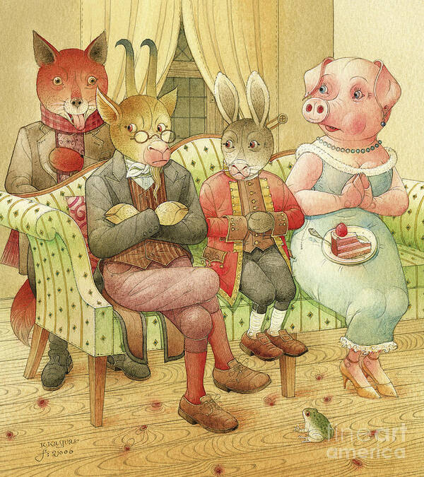 Crime Detective Investigation Picture Animals Dinner Party Evening Fox Pig Goat Rabbit Poster featuring the drawing The Missing Picture09 by Kestutis Kasparavicius