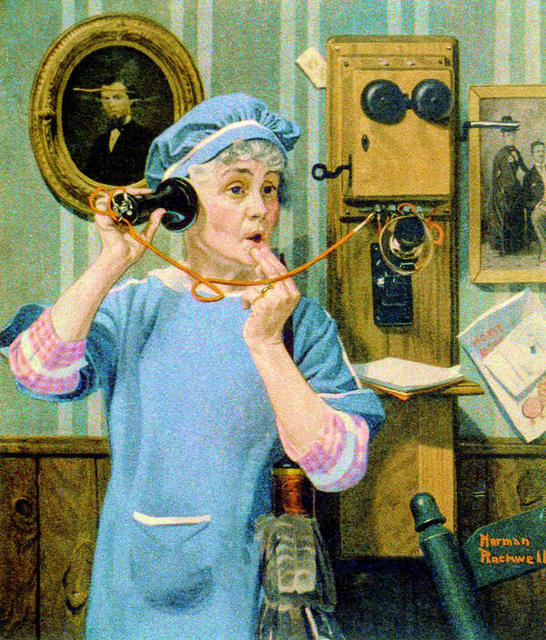 Old Woman Poster featuring the painting The Party Wire by Norman Rockwell