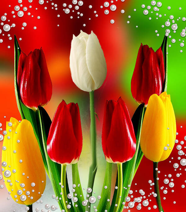 Digital Art Graphic Tulips Poster featuring the digital art Tulips and Tiny Pearls by Gayle Price Thomas