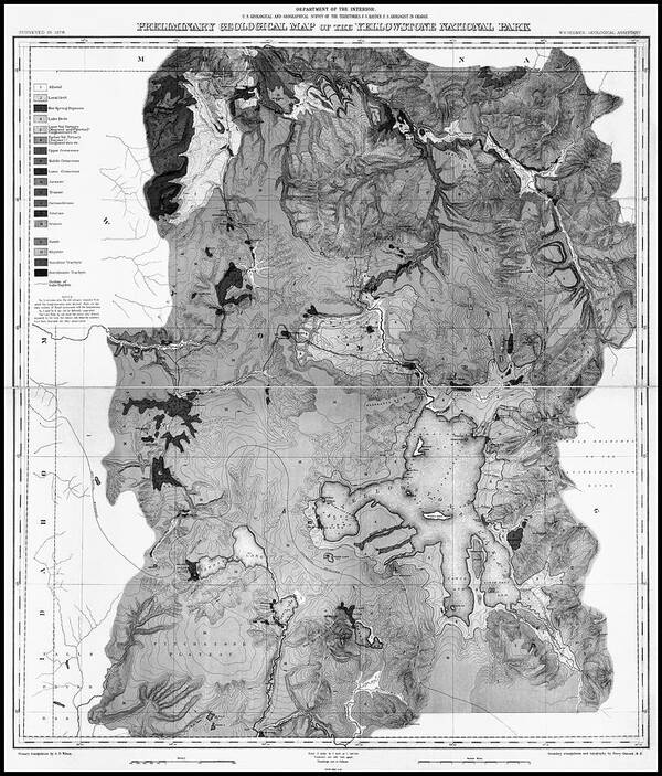 Yellowstone Poster featuring the photograph Yellowstone National Park Vintage Preliminary Geological Map 1878 Black and White by Carol Japp