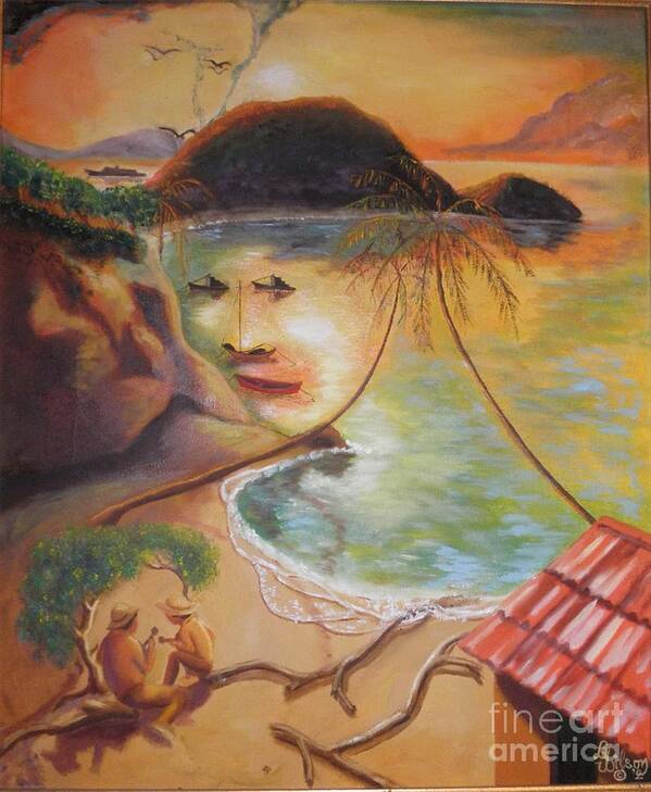 Caribbean; Seascape; Family; Sunset; Anthropomorphic Perception; Visual Pun; Poster featuring the painting Caribbean Holy Family by David G Wilson