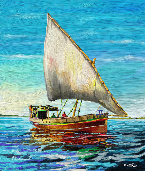 Dhow Poster featuring the painting Dhow at Lamu by Anthony Mwangi