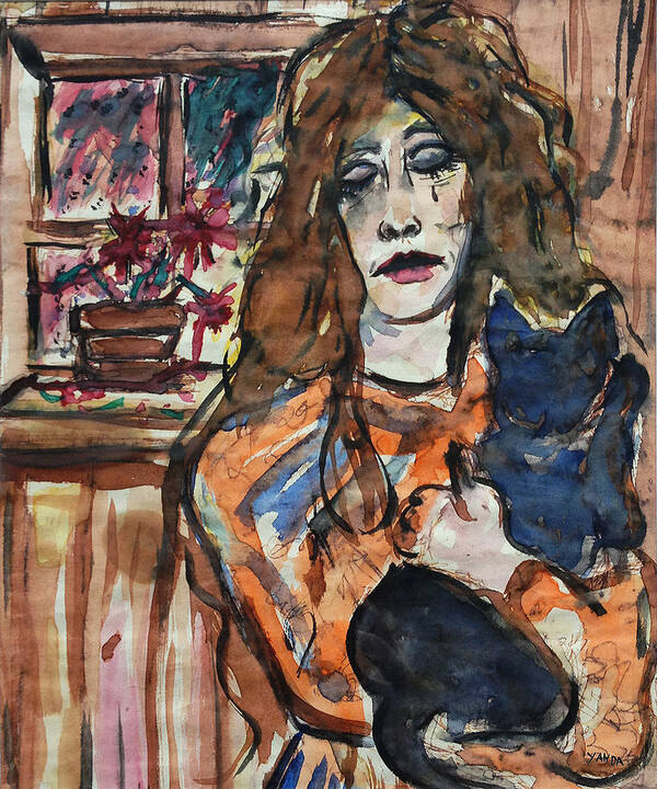 Katt Yanda Original Art Watercolor Woman Lady Hold Black Cat Sad Poster featuring the drawing Missing You by Katt Yanda