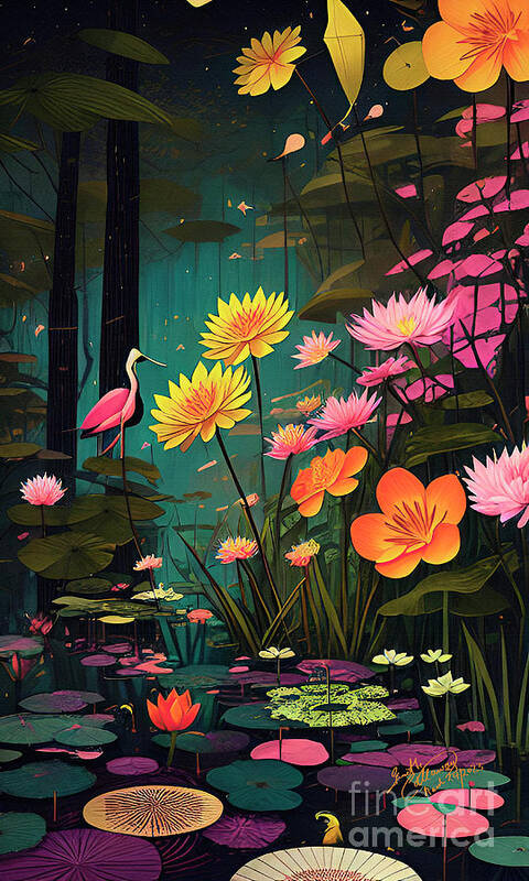 Magical Nature Poster featuring the digital art Swamp Magic Flowers Birds Black Water Lily Pads by Ginette Callaway
