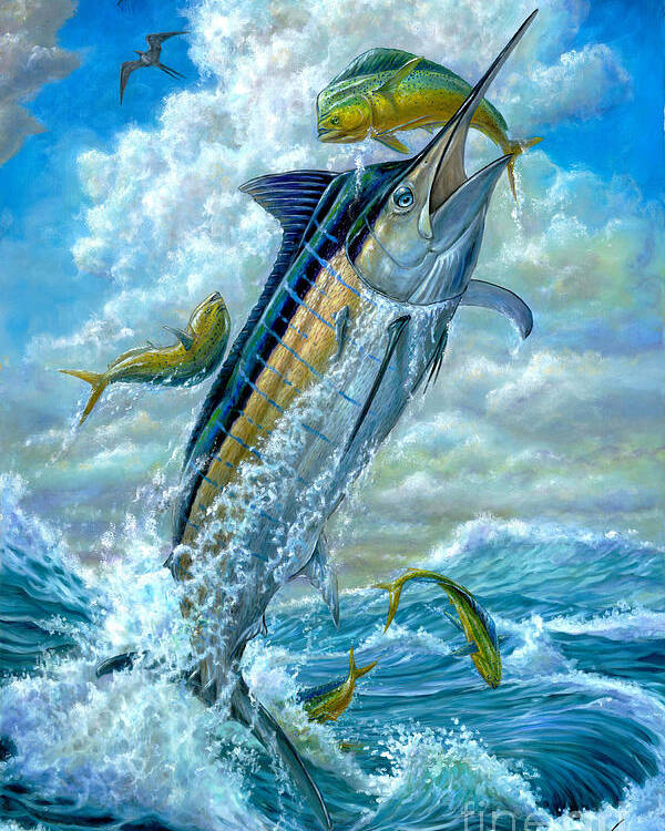 Blue Marlin Poster featuring the painting Big Jump Blue Marlin With Mahi Mahi by Terry Fox