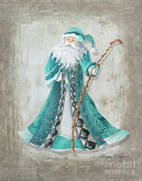 Santa Poster featuring the painting Old World Style Turquoise Aqua Teal Santa Claus Christmas Art by Megan Duncanson by Megan Duncanson