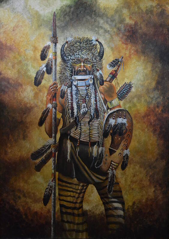 A Portrait Of Two Crows A Cheyenne Warrior Who Fought Against The 7th Cavalary. He Is Wearing His Buffalo Hat And Has Is Spear Poster featuring the painting Two Crows by Martin Schmidt