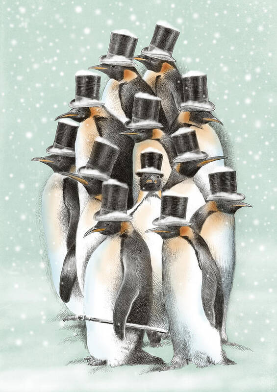 Penguins Poster featuring the drawing A Gathering in the Snow by Eric Fan