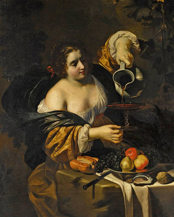 Nicolas Regnier Poster featuring the painting A young woman pouring red wine from a pitcher into a glass by Nicolas Regnier