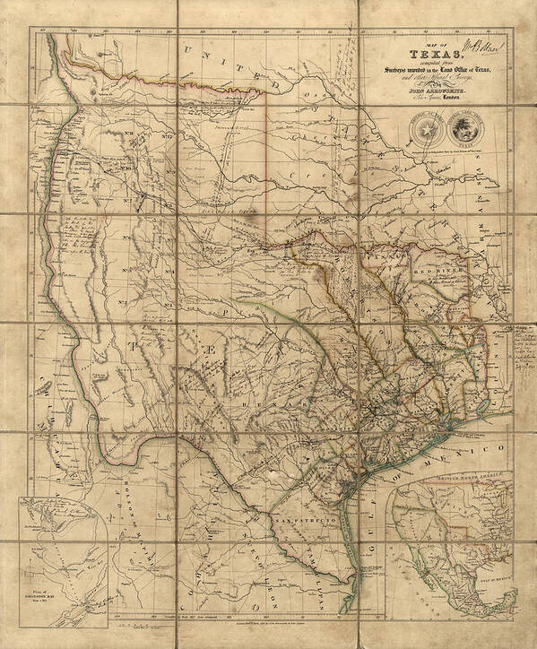 Texas Poster featuring the drawing Antique Map of Texas by John Arrowsmith - 1841 by Blue Monocle