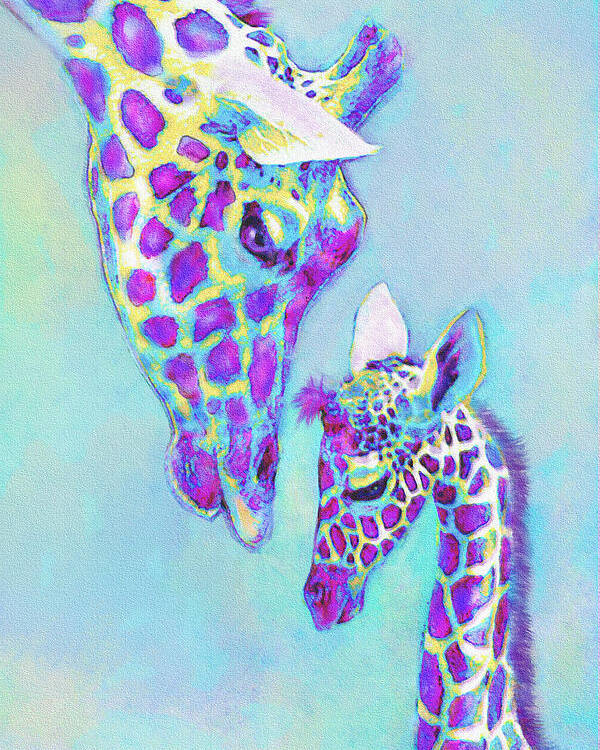 Jane Schnetlage Poster featuring the digital art Aqua And Purple Loving Giraffes by Jane Schnetlage