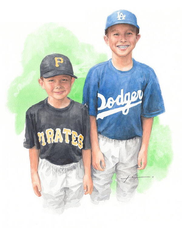 <a Href=http://miketheuer.com Target =_blank>www.miketheuer.com</a> Brothers In Baseball Watercolor Portrait Mike Theuer Poster featuring the painting Brothers In Baseball Watercolor Portrait by Mike Theuer
