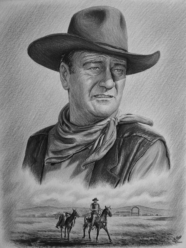 John Wayne Poster featuring the drawing Captured bw version by Andrew Read