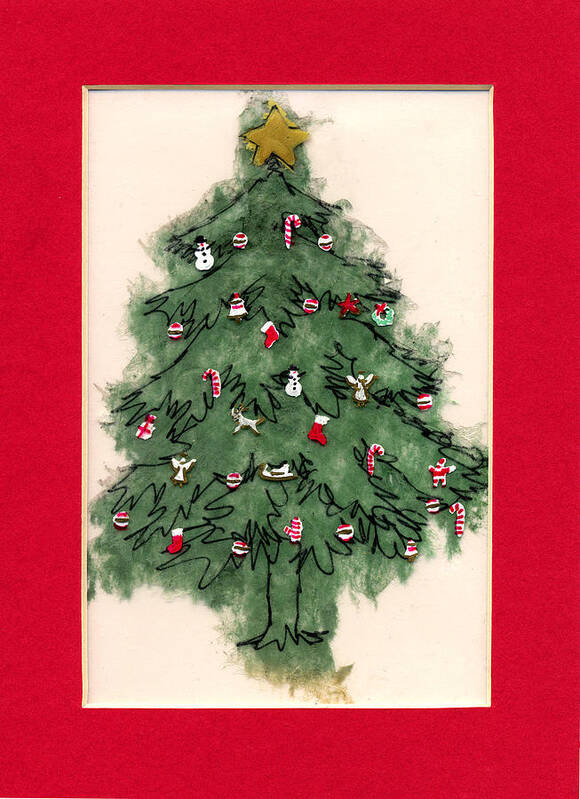 Christmas Paintings Poster featuring the painting Christmas Tree with Red Mat by Mary Helmreich