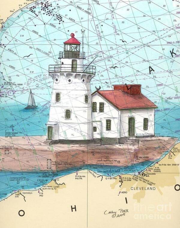 Cleveland Poster featuring the painting Cleveland Harbor Lighthouse OH Nautical Chart Map Art Cathy Peek by Cathy Peek
